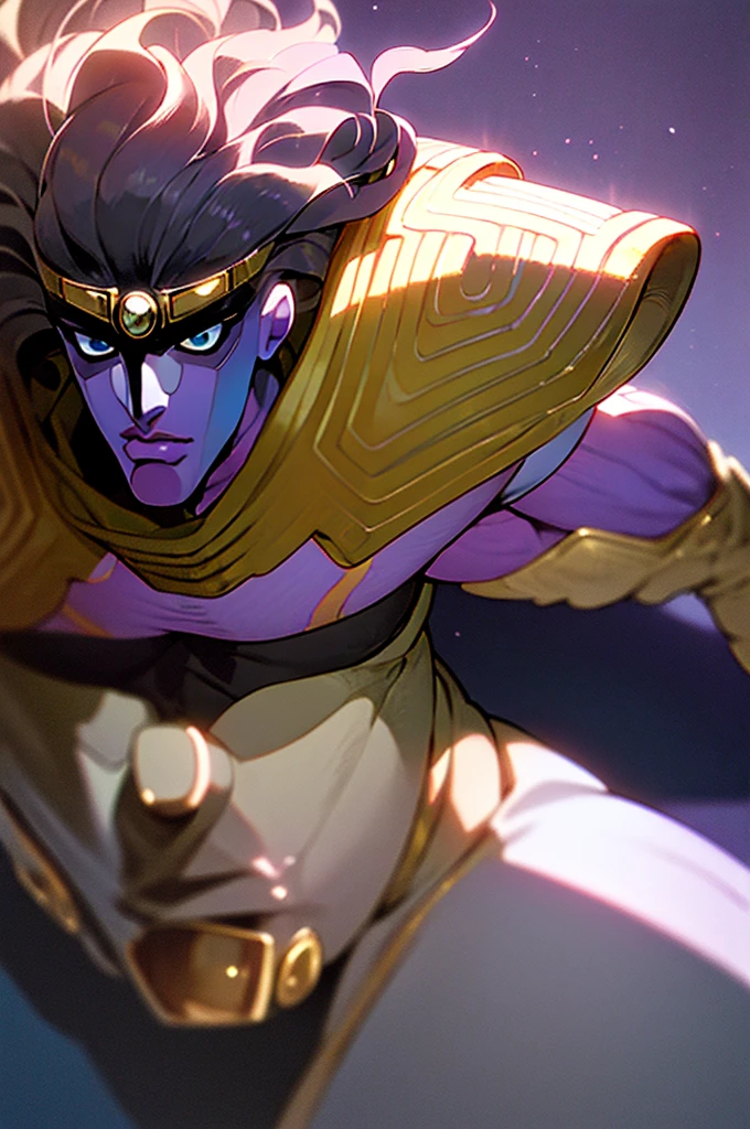 1chareter,solo,Star platinum-jojos bizarre adventure,(starplatinumjojo), soft purple and blue skin, long wavy hair, black leather gloves with gold bracelet, gold details, gold crown over eyes, sky blue eyes, musculature Marked, white tailcoat, black leather boots, gold shoulder pads,(High quality image:1.3), (2D art:1.5), notable textures,( high detail quality:1.2),Seen up close, blurred,(Good lighting: 1.3), (good shadows: 1.3), (half body: 1.2), cute smile, warm look 