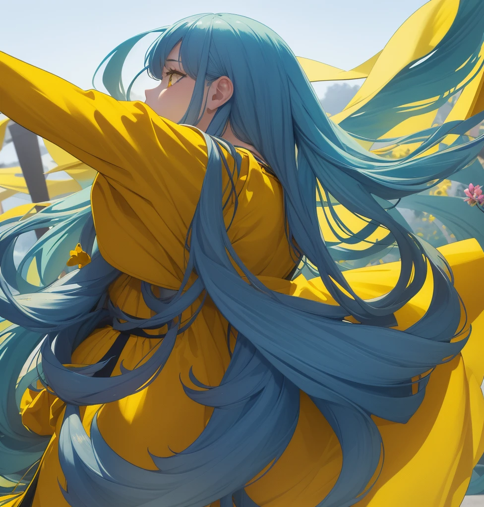 European girl with long blue hair, prominent yellow eyes, yellow clothes with blue, long blue skirt with yellow horizontal striped pattern, blue and yellow blouse, daring face, two solid color background (blue and yellow) The girl has a yellow flower in her hand which she is smelling., The girl is on her back showing the profile of her face smelling the yellow flower, From behind she has a bare back and shorts that reach her knees and are tight and shiny., the girl has a slim build, she is in an empty background, the background only has two colors, grabs a single flower with his hand which he is smelling