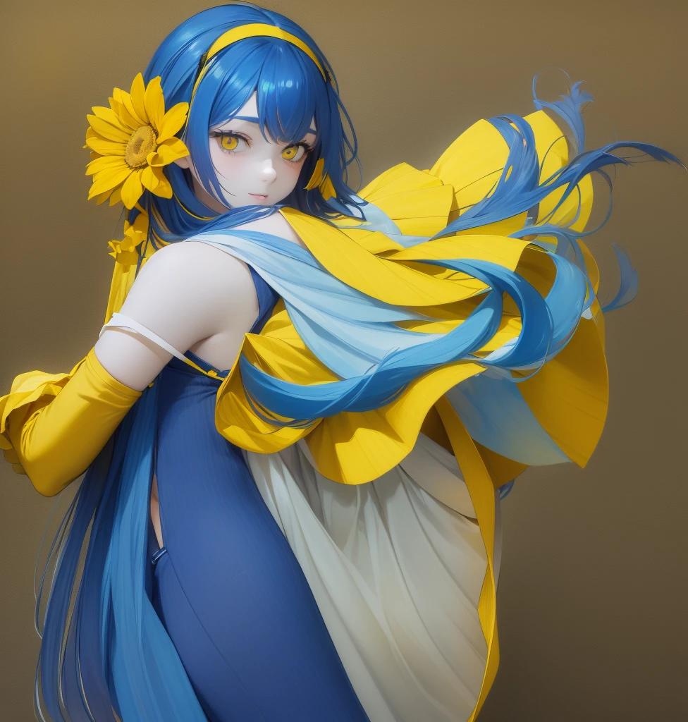 European girl with long blue hair, prominent yellow eyes, yellow clothes with blue, long blue skirt with yellow horizontal striped pattern, blue and yellow blouse, daring face, two solid color background (blue and yellow) The girl has a yellow flower in her hand which she is smelling., The girl is on her back showing the profile of her face smelling the yellow flower, From behind she has a bare back and shorts that reach her knees and are tight and shiny., the girl has a slim build, she is in an empty background, the background only has two colors, grabs a single flower with his hand which he is smelling