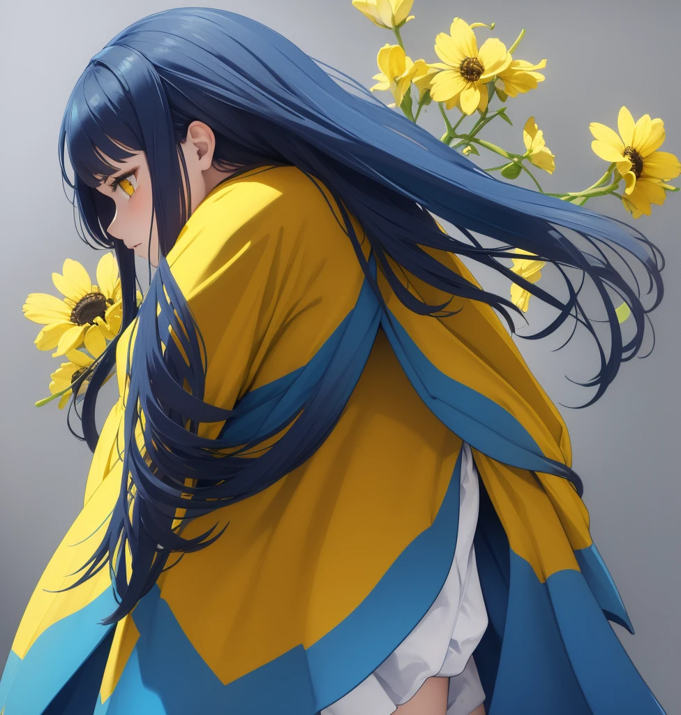 European girl with long blue hair, prominent yellow eyes, yellow clothes with blue, long blue skirt with yellow horizontal striped pattern, blue and yellow blouse, daring face, two solid color background (blue and yellow) The girl has a yellow flower in her hand which she is smelling., The girl is on her back showing the profile of her face smelling the yellow flower, From behind she has a bare back and shorts that reach her knees and are tight and shiny., the girl has a slim build, she is in an empty background, the background only has two colors, grabs a single flower with his hand which he is smelling