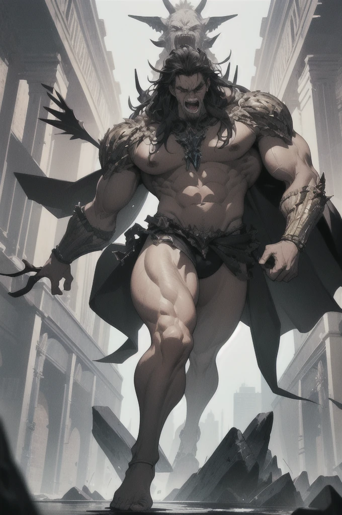 three large, muscular humanoid giant figures standing together. male, with textured, stone-like skin that gives them an imposing, statue-like quality. Their bodies are extremely well-defined and powerful-looking, The figures are massive and muscular, with wild, unkempt hair. giving them a rough, almost bestial appearance. The central figure has its mouth wide open screaming. Surrealism, Ray Tracing, Photorealistic, UHD, High Detail, 32k, Best Quality, Textured Skin, giants, Masterpiece, Best Quality, , (Full Body), , (Axisymmetric: 1.4), (HDR),