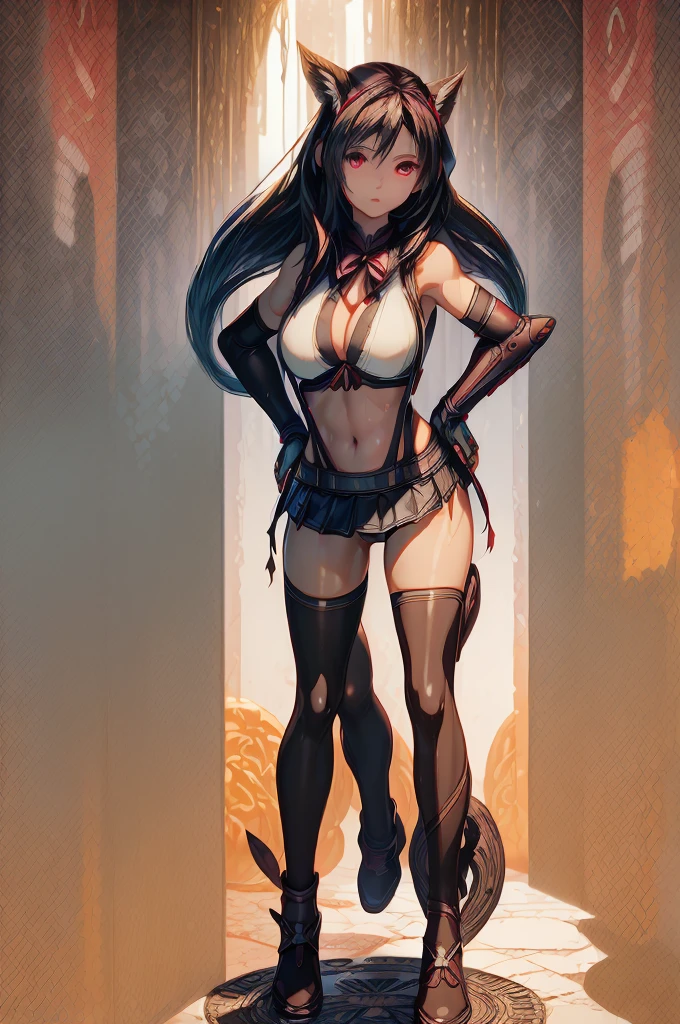 (masterpiece, best quality:1.2), (detailed face and eyes:1.1), Tifa Lockhart, (mature woman), muscular, athletic, cheerful, gorgeous heart-shaped face, toned body, hourglass figure (massive breasts), long dark hair tied with ribbon at the end, ((Aerith costume)), realistic, seductive, red eyes