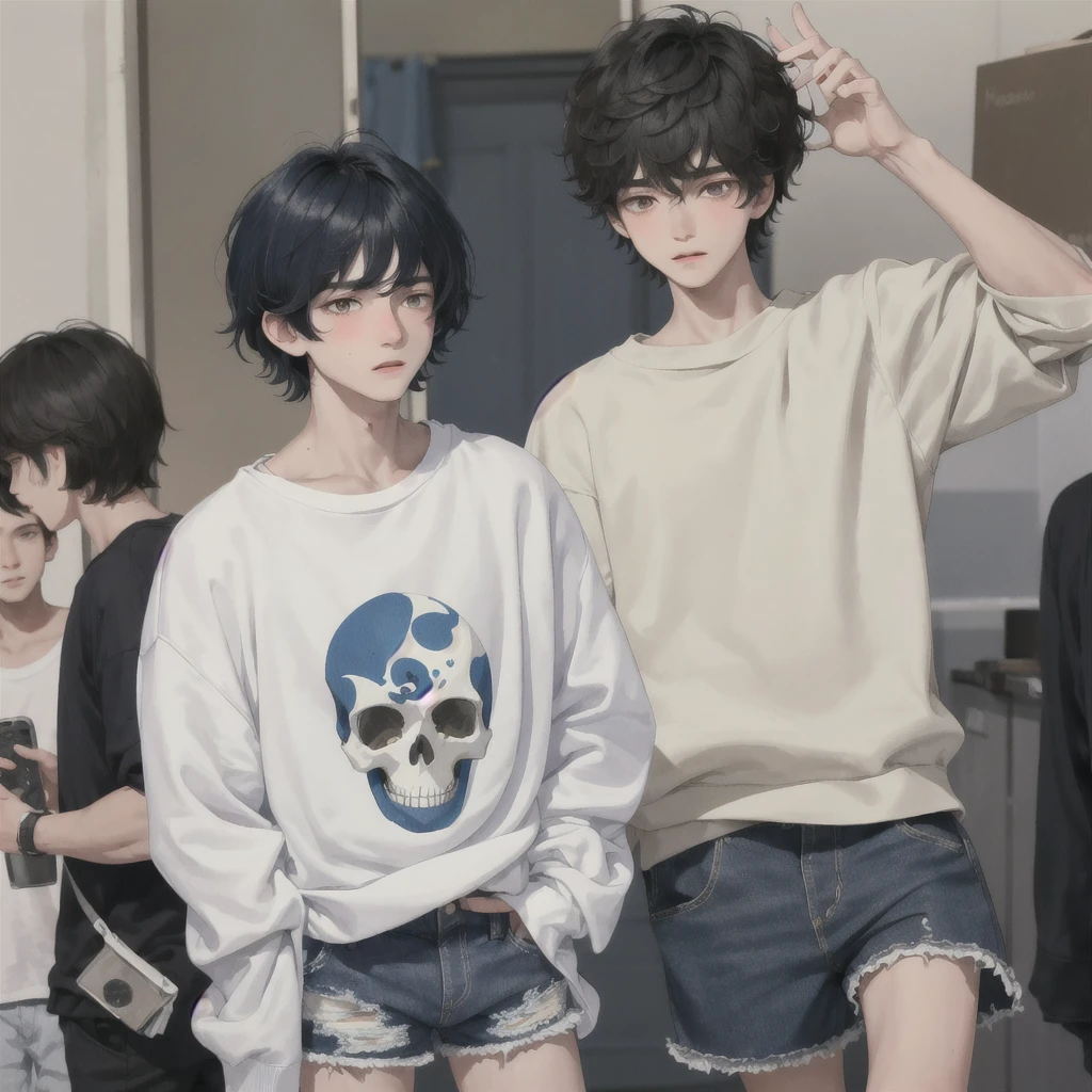 A boy with short hair, bangs that cover the eyes, fluffly, and blushed, de , with a big, baggy sweatshirt with a skull print, wearing short shorts, and an effeminate male body, dark blue black hair, cor da pele, pale white Make just one character