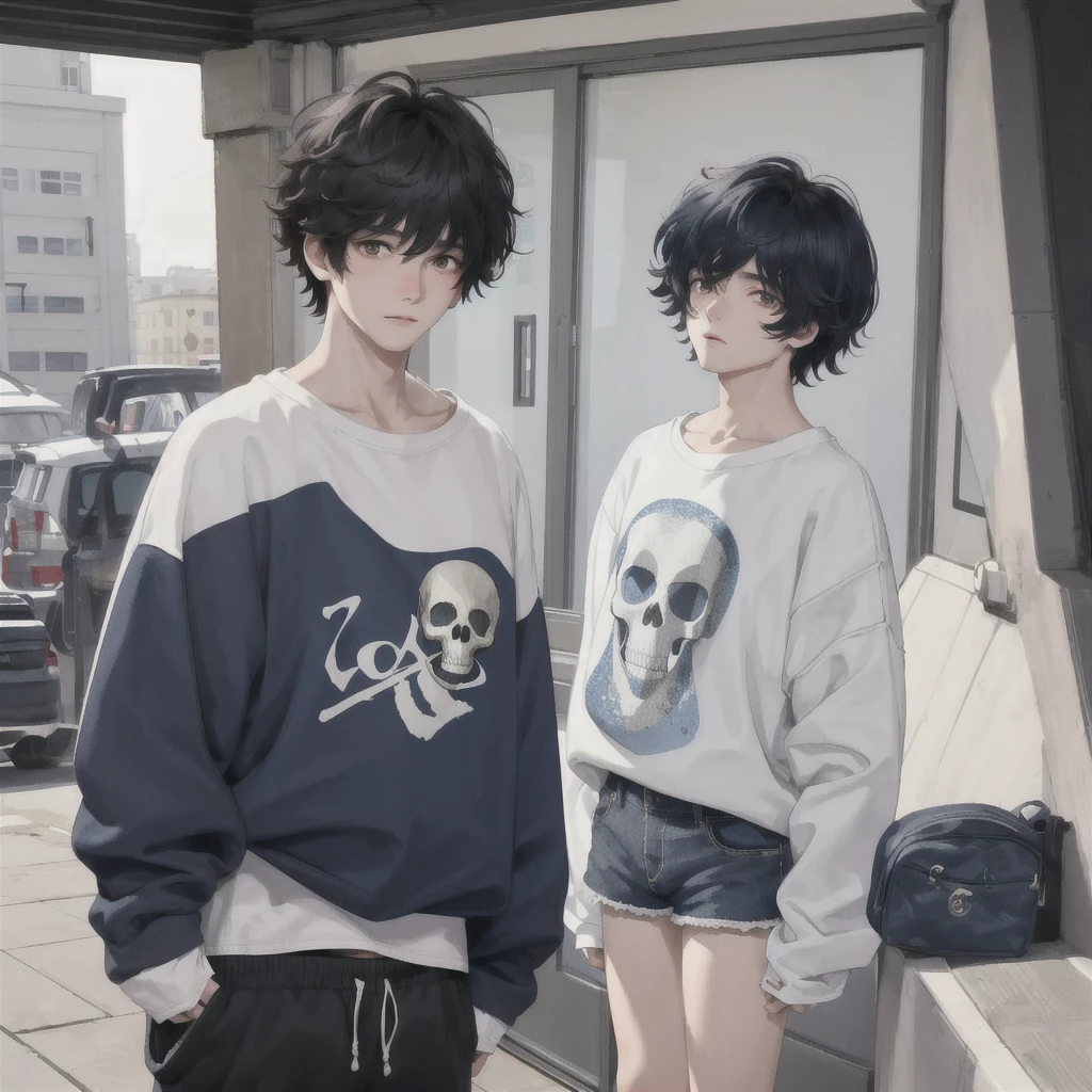 A boy with short hair, bangs that cover the eyes, fluffly, and blushed, de , with a big, baggy sweatshirt with a skull print, wearing short shorts, and an effeminate male body, dark blue black hair, cor da pele, pale white Make just one character