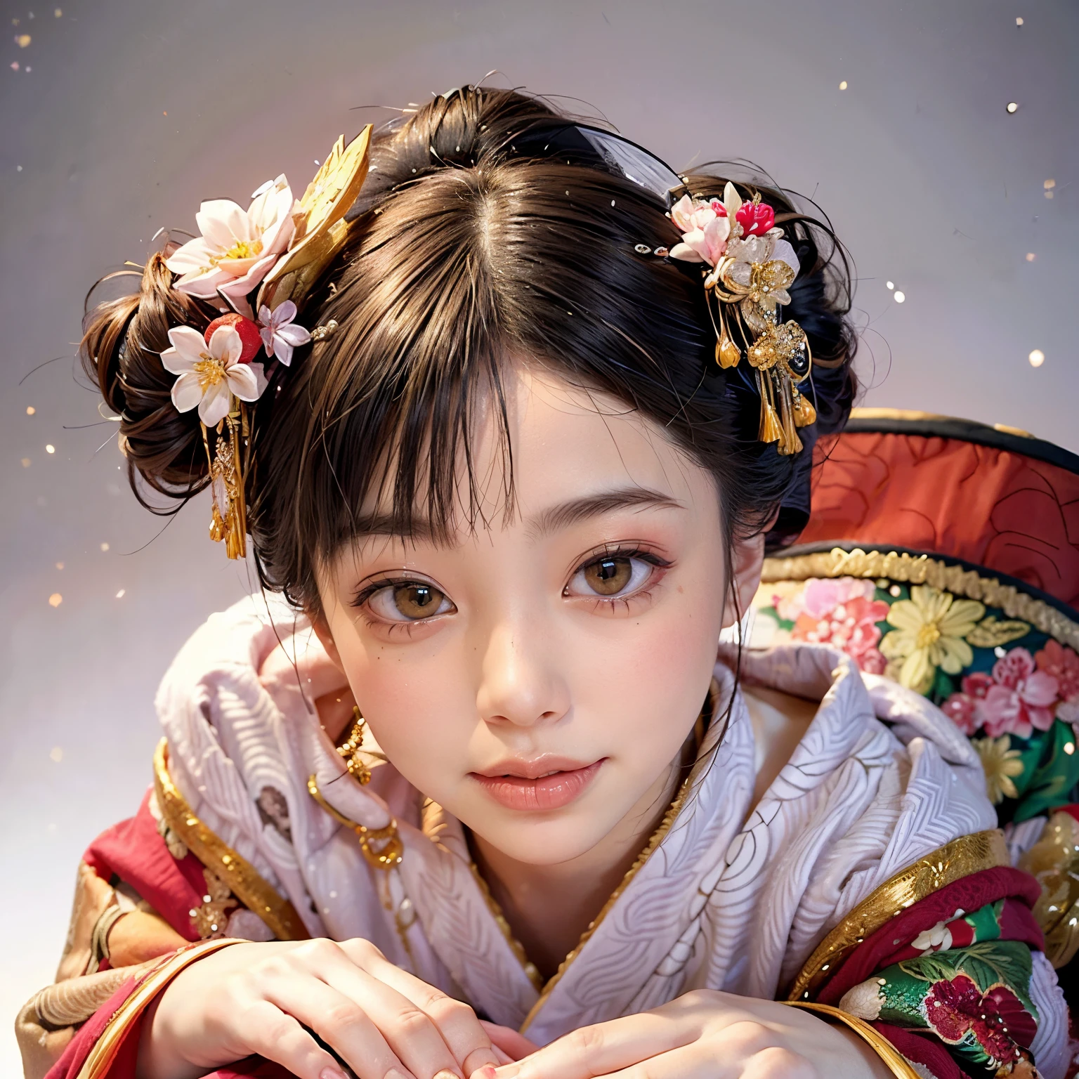 (PUNIPUNI offshoulder KIMONO offshoulder KANZASHI flowers Hairpin Twin bun Oiran-Hair)High-level, 8K Masterpiece TopQuality, Ultra-detailed CG, Absurd detailed wallpaper, PerfectLighting, Extremely detailed (((Personifying " Oiran " as a KAWAII Girl))), Characteristic Items, aesthetic LifeLike Rendering, MysticSight, Haze Tyndall Scattering, (Studio GRAY Background with (Oodles Dazzling Iridescent Particles (bokeh))), (((Assfocus)) RoundlyButt) ThighGap, (Exposed:0.44) 🔞 BREAK (Acutance:0.8), (NOGIZAKA FaceVariations) Extremely Detailed very KAWAII FaceVariations, Childish CaptivatingGaze ElaboratePupils Detailed Eyes with (SparklingHighlights:1.28), (Voluminous LongEyelashes:0.88)、Glossy RedLips with beautiful details, CoquettishTongue, RosyCheeks, Radiant PearlSkin with Transparency, Glowing DowneyHair . { (Dynamic LifeLike expressions:1.4) | (:d) }, (large eyes:-1) .