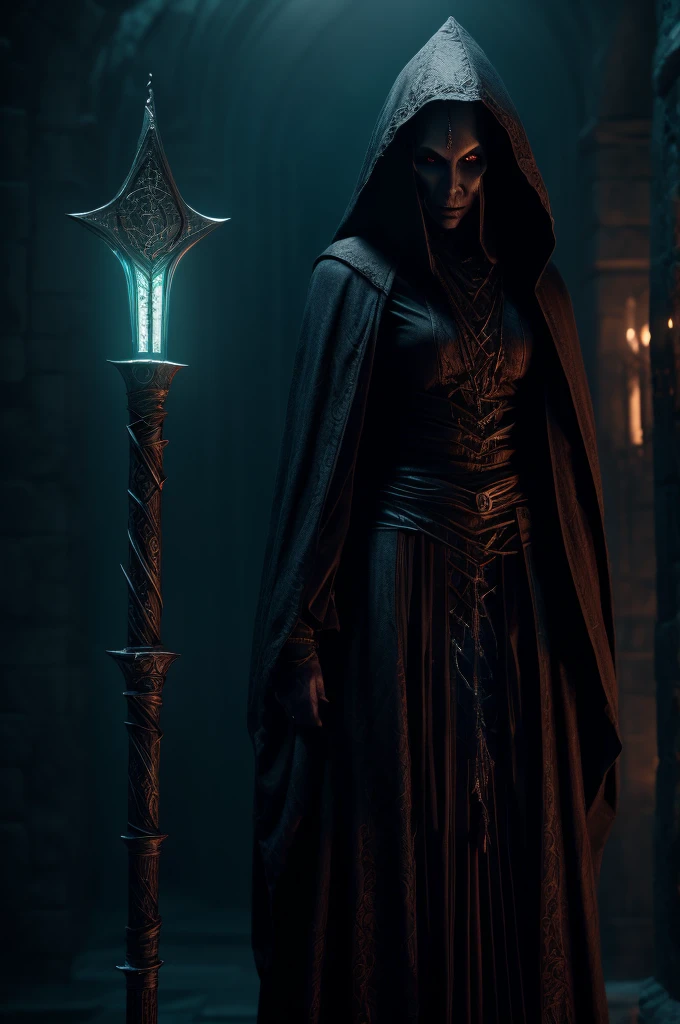 a dunmer necromancer, a dunmer stealth hybrid, worshiper of namira, detailed face, intricate robes, glowing eyes, holding a staff, dark fantasy, moody lighting, cinematic composition, dramatic, rich color palette, muted tones, atmospheric, highly detailed, photorealistic, 8k, best quality