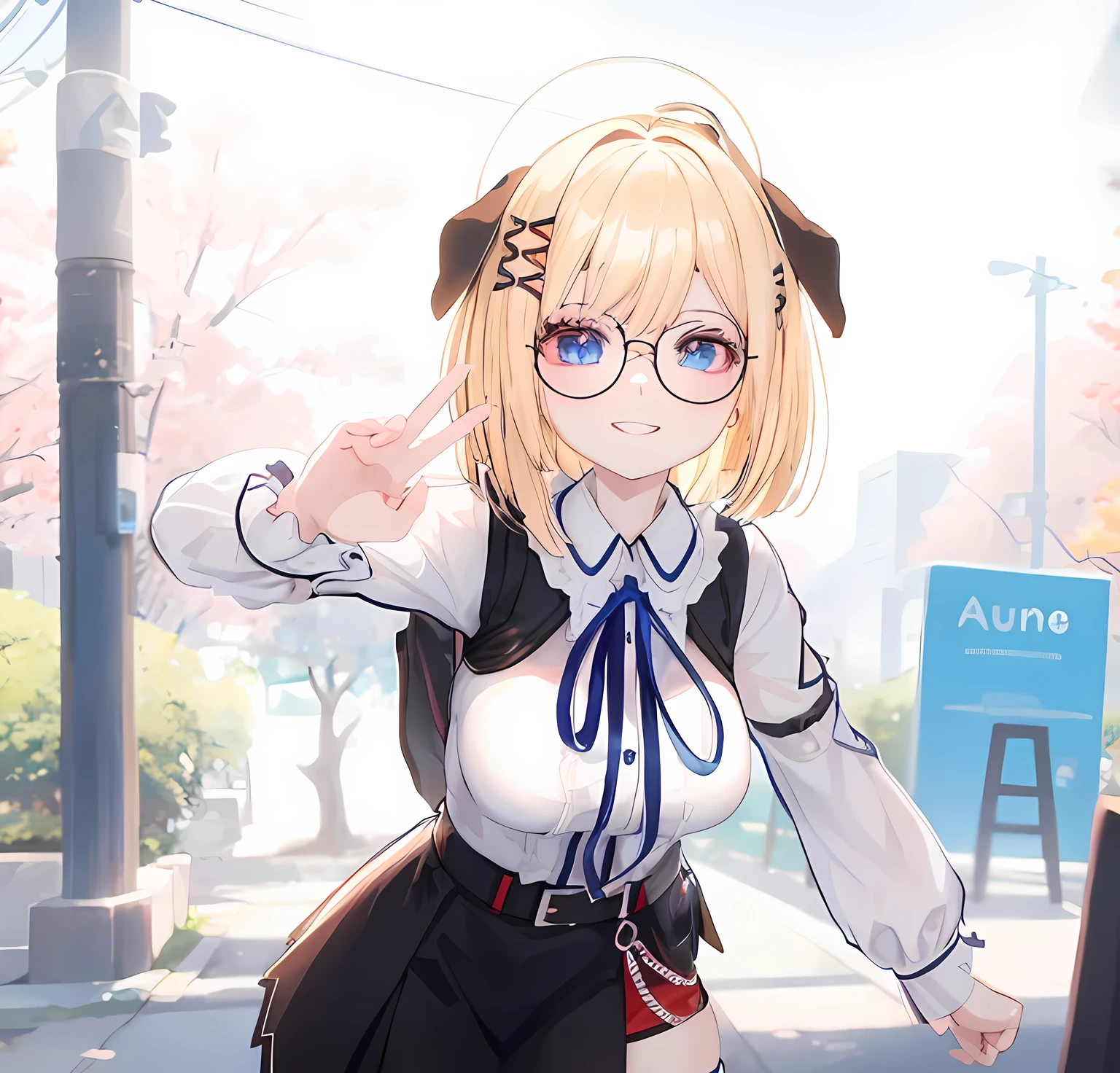 blonde anime girl in a short black skirt and white shirt with blue eyes, wearing round glasses, have a cute brown dog ears, cute smile, look at camera, render of a cute 3d anime girl, anime styled 3d, hanayamata, small curvy , realistic anime 3 d style, 3d anime girl, anime moe artstyle, vrchat, , anime style. 8k, stylized anime, render of april, shikamimi, at a park