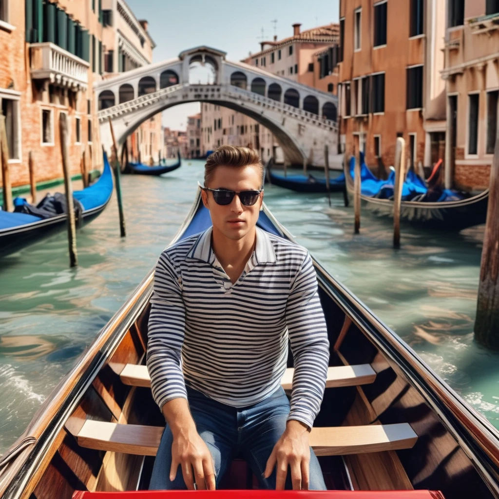 A sailor wearing a horizontal striped shirt rows a gondola in Venice, gondola, canal and bridge, super delicate, photo, 3D