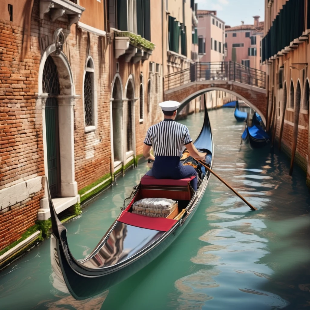 A sailor wearing a horizontal striped shirt rows a gondola in Venice, gondola, canal and bridge, super delicate, photo, 3D