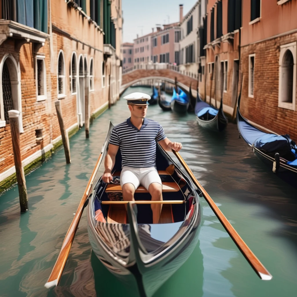 A sailor wearing a horizontal striped shirt rows a gondola in Venice, gondola, canal and bridge, super delicate, photo, 3D
