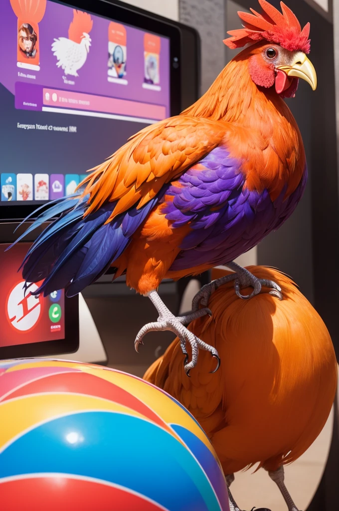 "Imagine a vibrant, modern logo for an Instagram account dedicated to advertising and a current affairs news channel. The logo must convey creativity, communication, connection, Modernity, marketing and news. The main symbol is a stylized rooster, representing advertising and propaganda. Use orange and purple colors, combinadas com outras que simbolizem a área de communication e social media. The design must be attractive to young audiences, incorporating dynamic and innovative elements."