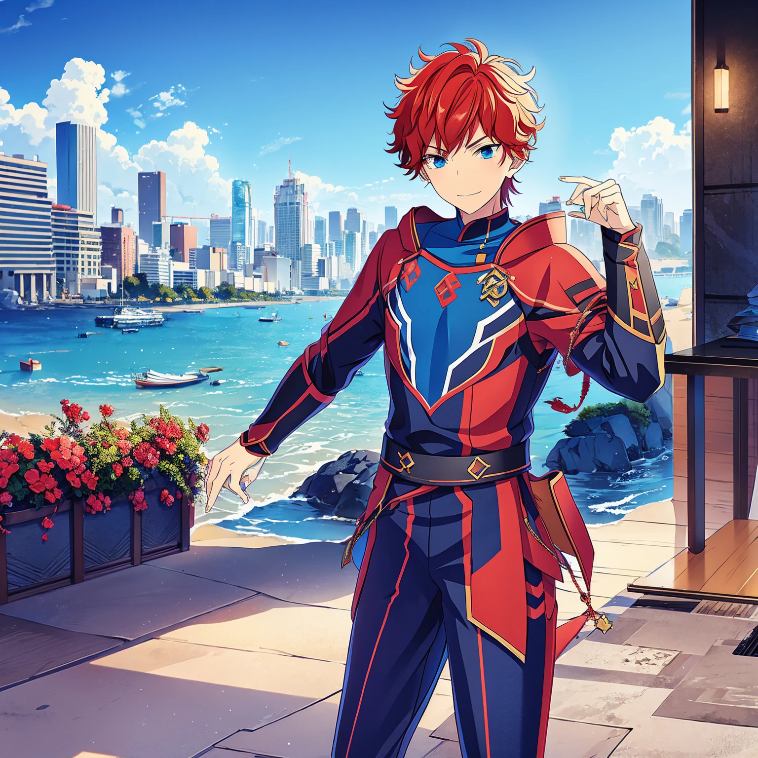 a boy, Red hair, blue colored eyes, red knight armor, heavy armor, posture would be, city in the background, No hero, 15year old, natta, closed sky, chest armor, focus from the waist up, avoid hands in the image, No hands, heroic smile, armadura Mediovale, cavaleiro Mediovale, Mediovale.