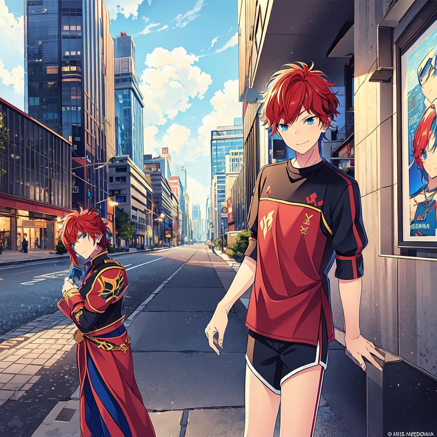 a boy, Red hair, blue colored eyes, red knight armor, heavy armor, posture would be, city in the background, No hero, 15year old, natta, closed sky, chest armor, focus from the waist up, avoid hands in the image, No hands, heroic smile, armadura Mediovale, cavaleiro Mediovale, Mediovale.