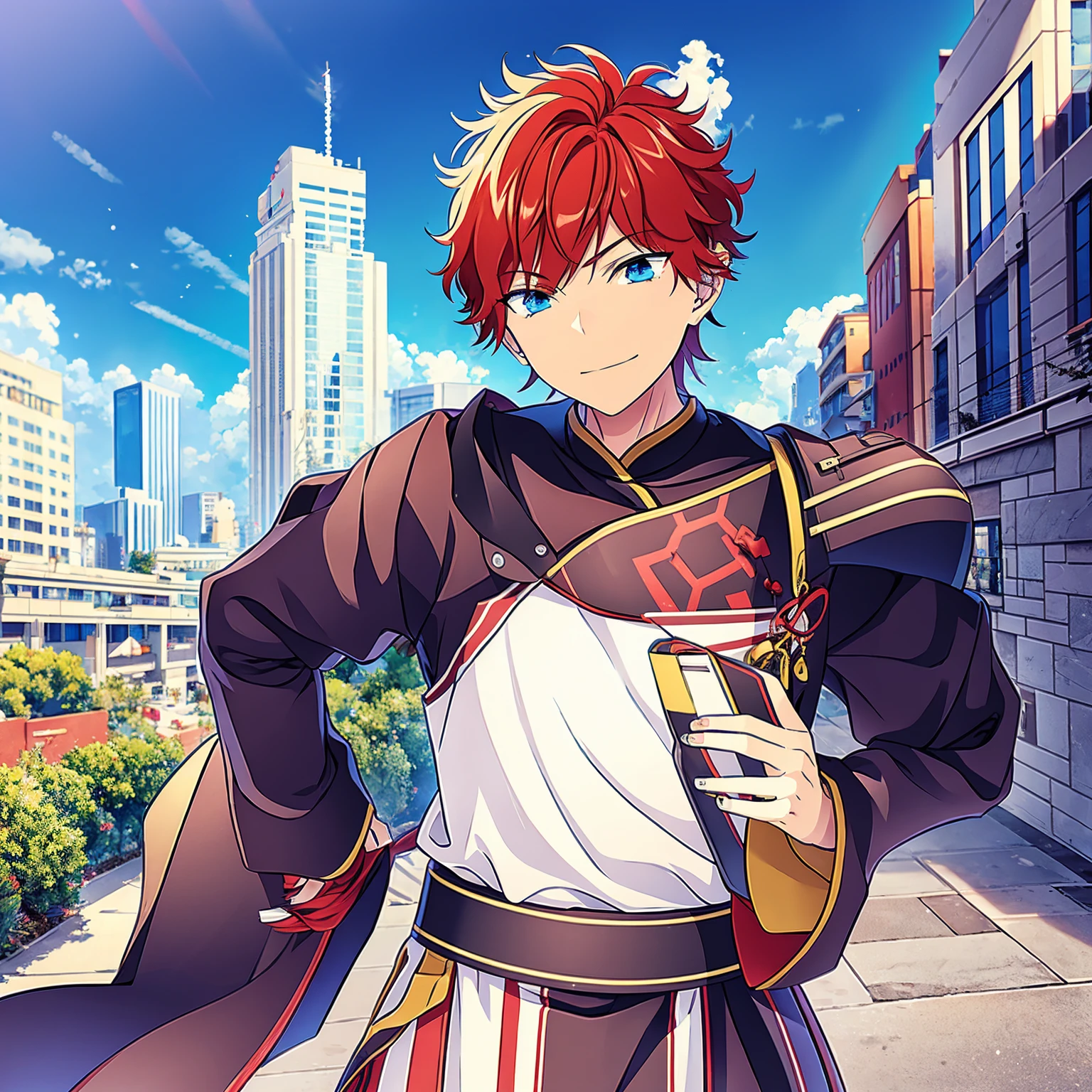 a boy, Red hair, blue colored eyes, red knight armor, heavy armor, posture would be, city in the background, No hero, 15year old, natta, closed sky, chest armor, focus from the waist up, avoid hands in the image, No hands, heroic smile, armadura Mediovale, cavaleiro Mediovale, Mediovale.