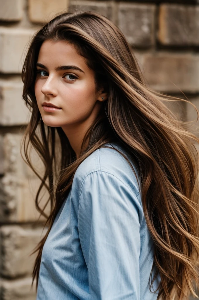 Jeune fille au cheveux brun long de 25 ans