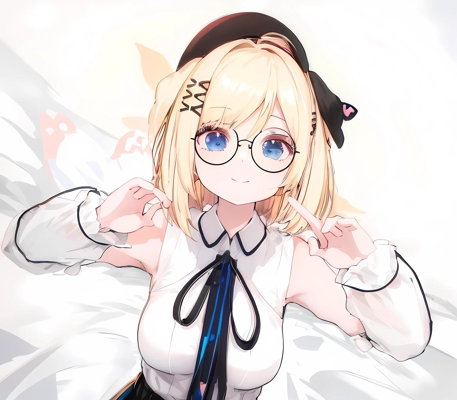 blonde anime girl in a short black skirt and white shirt with blue eyes, wearing round glasses, have a cute brown dog ears, cute smile, look at camera, render of a cute 3d anime girl, anime styled 3d, hanayamata, small curvy , realistic anime 3 d style, 3d anime girl, anime moe artstyle, vrchat, , anime style. 8k, stylized anime, render of april, shikamimi, at a park