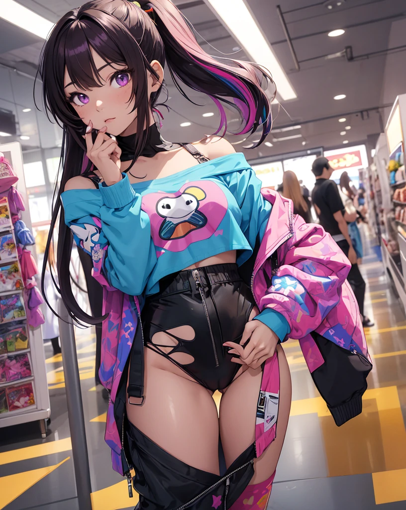 ((master part)), best quality, absurderes, ultra detaild, Holographic, cowboy shot, proportion Aurea, super cute girl, Madura, Idol girl, Super beautiful asian girl with very cute violet bright eyes, Beautiful multicolored bright brown hair, high ponytail, nice and sexy body, body skinny, perfectbody, wearing a super tight anime print knit, Anime Print Super Tight Off Shoulder Long Sleeve Crop Top, a super aesthetic mini transparent jacket, cute hair ornament, Pink Jordan Sneakers, being photographed in a mall store, pulling down shorts showing G-string panties, ((nsfw)), {{Lewd}}