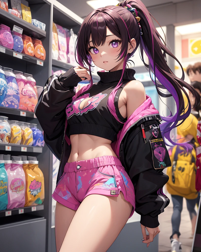 ((master part)), best quality, absurderes, ultra detaild, Holographic, cowboy shot, proportion Aurea, super cute girl,  Madura, Idol girl, Super beautiful asian girl with very cute violet bright eyes, Beautiful multicolored bright brown hair, high ponytail, nice and sexy body, body skinny, perfectbody, wearing a super tight anime print knit, Anime Print Super Tight Off Shoulder Long Sleeve Crop Top, a super aesthetic mini transparent jacket, cute hair ornament, Pink Jordan Sneakers, being photographed in a mall store, pulling down shorts showing G-string panties, ((nsfw)), {{Lewd}}