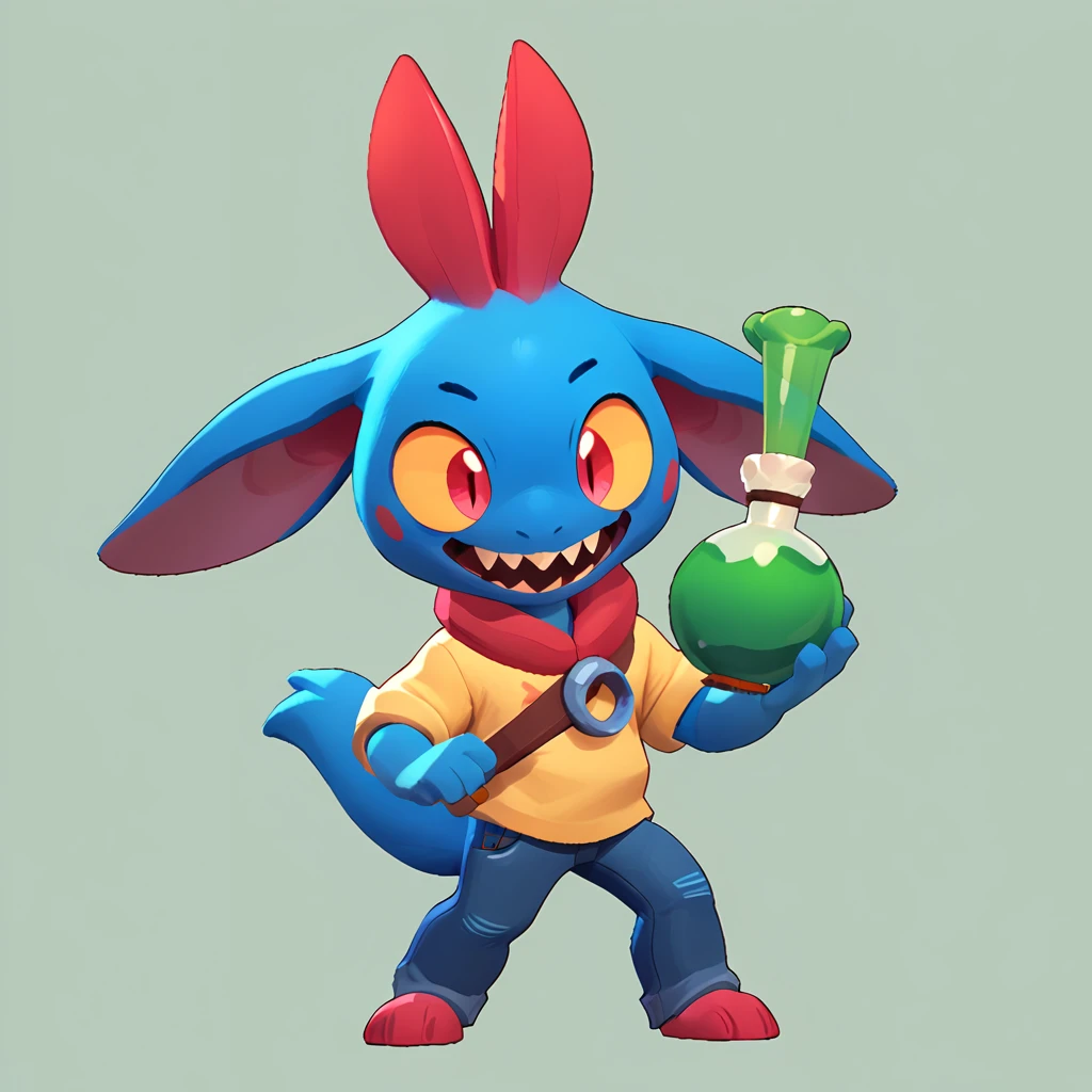 Full body view from a round creature with blue fur, male, long ears, smiling, sharp teeth, wearing jeans, friendly round creature, holding a green potion in his hand