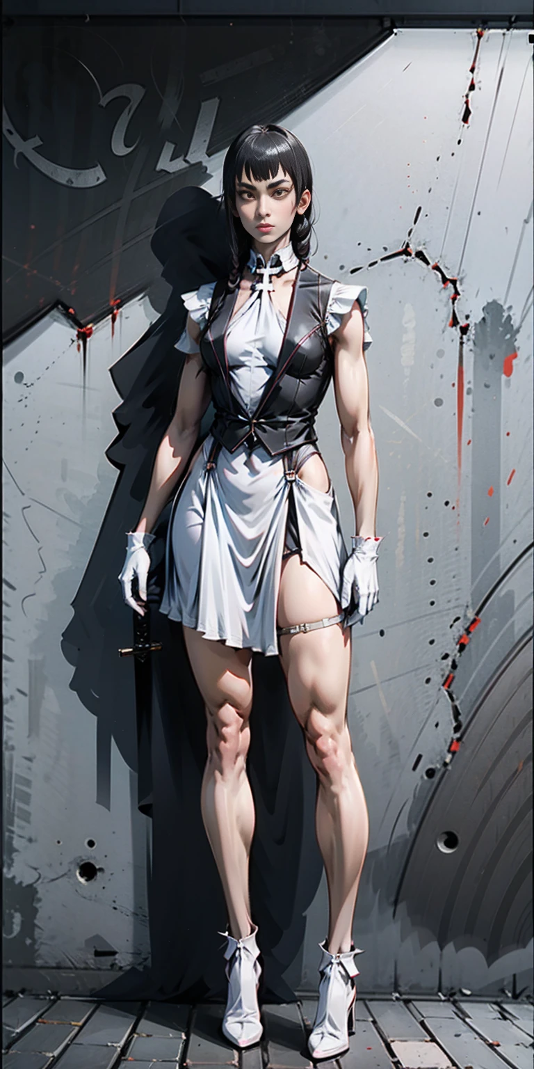 female Satsuki Kiryuin, Satsuki Kiryuin from Kill-la-Kill, mesh stockings, standing with a katana, full height, bottom view, best quality, very detailed, ultra 8k resolution, coat, vest, long skirt, portrait, full body, victorias clothing, long dress, knight, pants, black skinn suit, medieval city, plants, vest,polo shirt, forest, long skirt,elsa