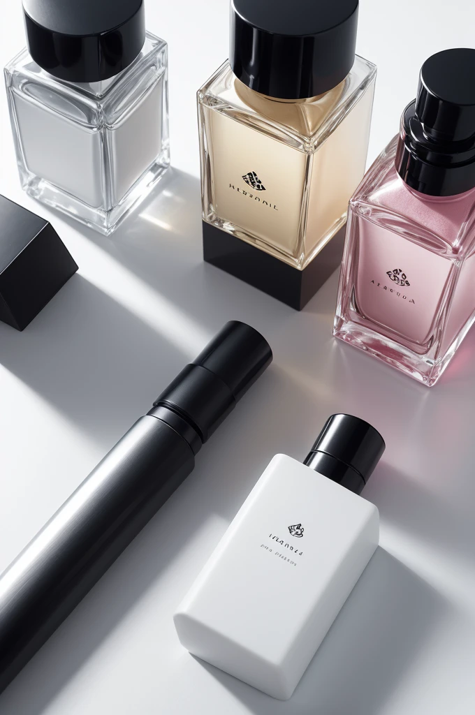 I want to create perfume packaging with very bright lighting and a very minimalist white background 