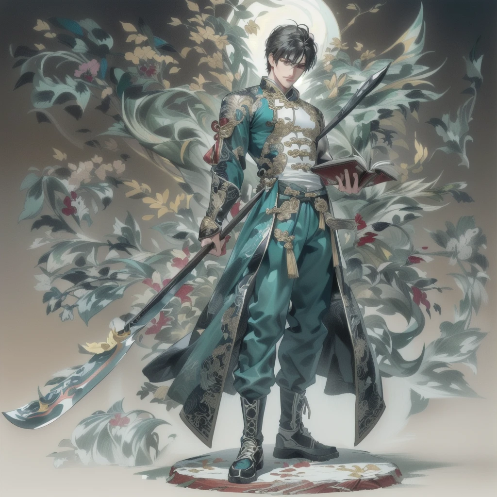 (Extremely complex and exquisite details,masterpiece,Highest quality,Full body picture of a strong, masculine and handsome man with short black hair,modern sportswear,Strong handsome masculine style,Holding a stick with a machete in his right hand,Holding book in left hand,Showing off muscles),correct anatomy,Very strong muscles,Exquisite Chinese dragon high contrast background,Broadsword