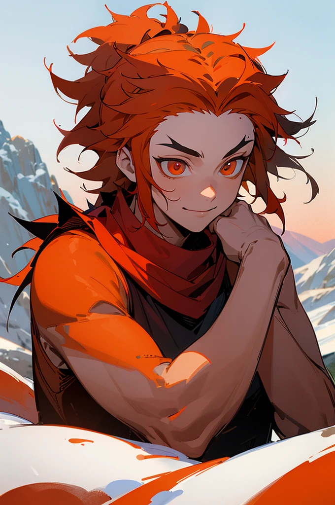 (orange hair, red tatooed arm, long spiky messy hair, red and black demon slayer clothing, red scarf, orange eyes, 1male, snowy mountain background), (best quality, 4k, 8k, highres, masterpiece:1.2), ultra-detailed, HDR, studio lighting, extreme detail description, professional, vivid colors, bokeh, portraits, blue color palette, natural daylight, smiling