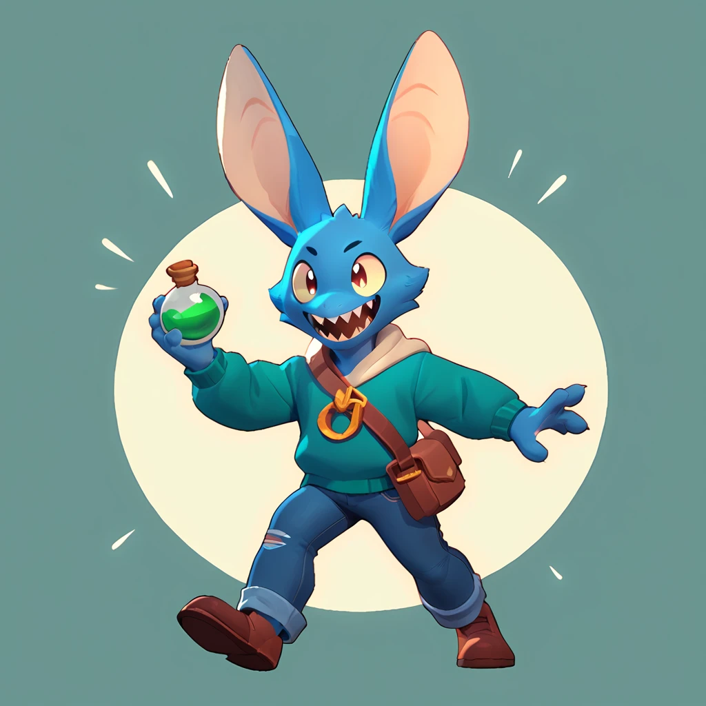 Full body view from a round creature with blue fur, male, long ears, smiling, sharp teeth, wearing jeans, friendly round creature, holding a green potion in his hand