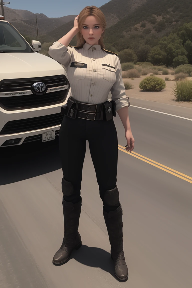 sfw, closeup portrait, masterpiece, 30 yo, beautiful female breton, police officer, standing near Toyota pickup, (arresting a viewer:1.3), looking at the viewer, California outdoor background at daytime, 