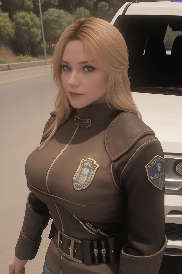 sfw, closeup portrait, masterpiece, 30 yo, beautiful female breton, police officer, standing near Toyota pickup, (arresting a viewer:1.3), looking at the viewer, California outdoor background at daytime,