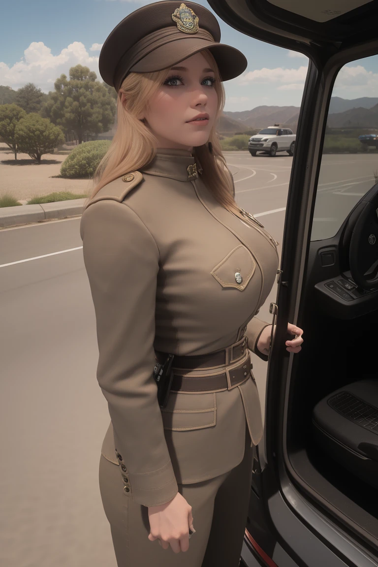 sfw, closeup portrait, masterpiece, 30 yo, beautiful female breton, police officer, standing near Toyota pickup, (arresting a viewer:1.3), looking at the viewer, California outdoor background at daytime, 