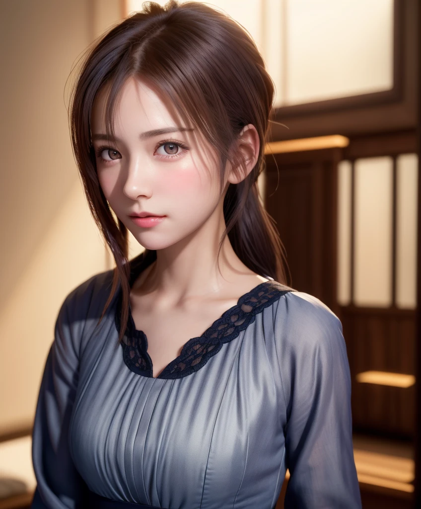 8K, of the highest quality, masutepiece:1.2), (Realistic, Photorealsitic:1.37), of the highest quality, masutepiece, Beautiful young woman, Pensive expression,、A charming、and an inviting look, Cute Maid Clothes, Hair tied back, Cinematic background, Light skin tone