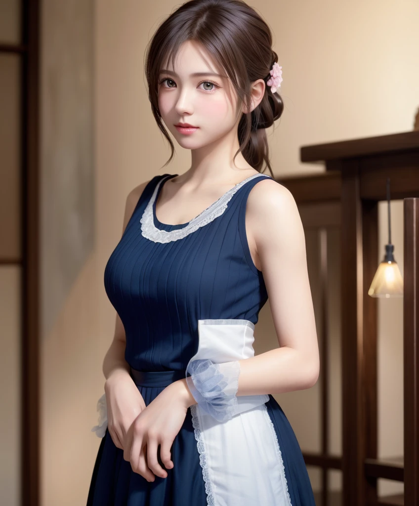 8K, of the highest quality, masutepiece:1.2), (Realistic, Photorealsitic:1.37), of the highest quality, masutepiece, Beautiful young woman, Pensive expression,、A charming、and an inviting look, Cute Maid Clothes, Hair tied back, Cinematic background, Light skin tone