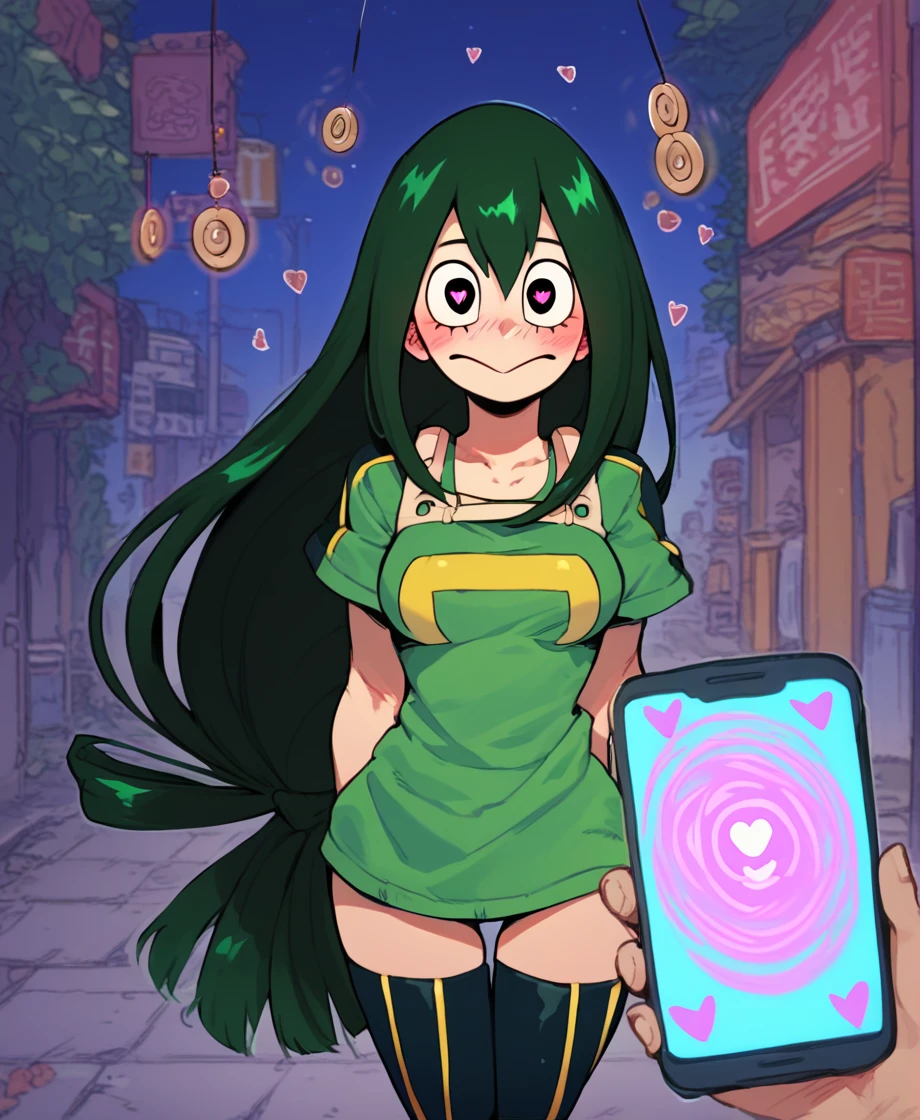 score_9_up, score_8_up, score_7_up, cowboy shot, 1girl, Asui Tsuyu\(boku no hero academia\), green hair, very long hair, low-tied long hair, tied hair, black eyes, wide hips, medium breasts, source_anime, anime style, (hypnosis, standing, street at night, heart-shaped pupils, brainwashed, blush, looking at viewer, thigh gap, phone, heart, eye symbol, rating_questionable, pov)