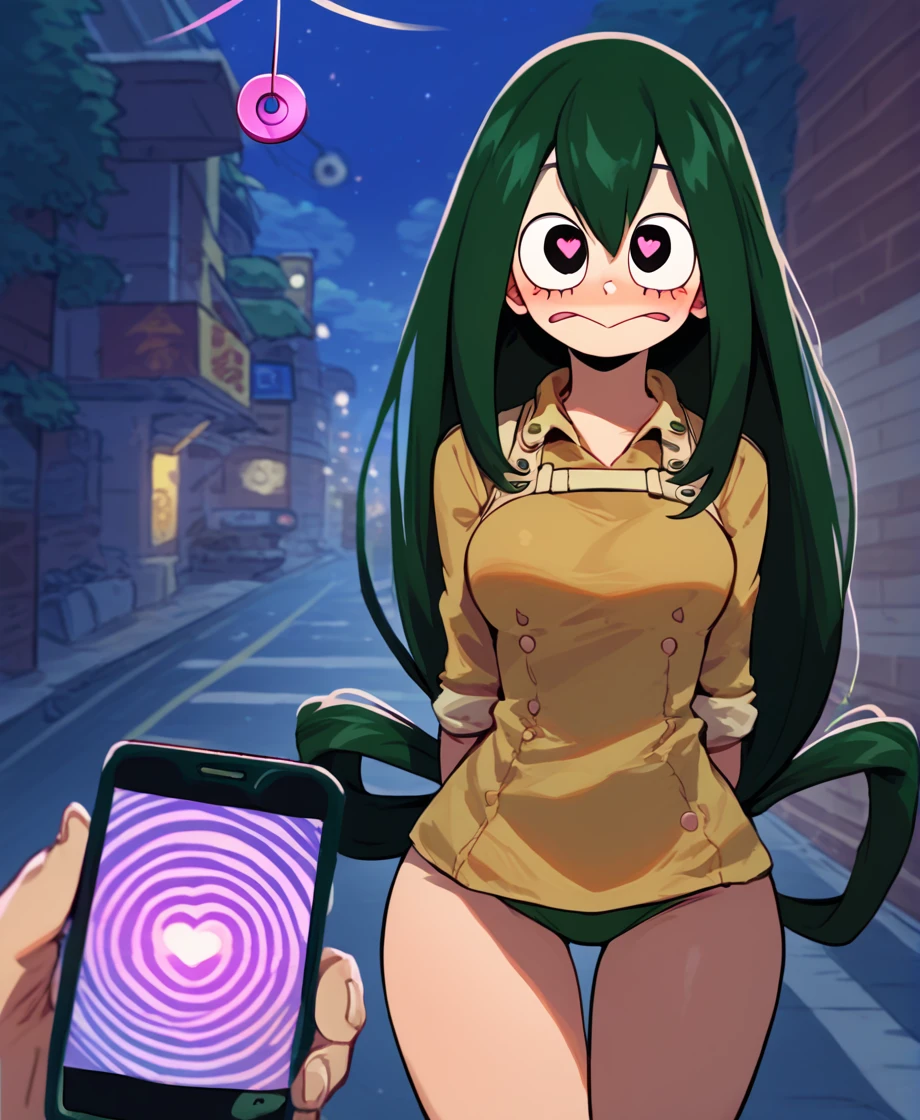 score_9_up, score_8_up, score_7_up, cowboy shot, 1girl, Asui Tsuyu\(boku no hero academia\), green hair, very long hair, low-tied long hair, tied hair, black eyes, wide hips, medium breasts, source_anime, anime style, (hypnosis, standing, street at night, heart-shaped pupils, brainwashed, blush, looking at viewer, thigh gap, phone, heart, eye symbol, rating_questionable, pov)