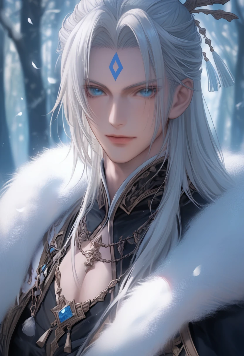realist artstyle, god of life,man who doesn't speak,it with small waist,with one long white tail with a sharp tip without fur, pale skin whiter in color,bright blue eyes and a long whiter hair that reaches the waist fluffy, he has three eyes, with one eye in the middle of the forehead with a black base and a hypnotic blue eye,broad shoulders, long black eyelashes,his body was dressed in a white veil,in the forest ,full body, pontuação_9, pontuação_8_acima, pontuação_7_acima, textura de pele realista, Imagem detalhada, close-acima, HD32k