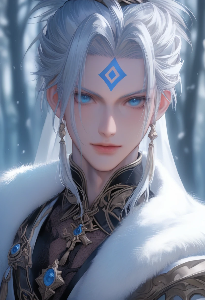 realist artstyle, god of life,man who doesn't speak,it with small waist,with one long white tail with a sharp tip without fur, pale skin whiter in color,bright blue eyes and a long whiter hair that reaches the waist fluffy, he has three eyes, with one eye in the middle of the forehead with a black base and a hypnotic blue eye,broad shoulders, long black eyelashes,his body was dressed in a white veil,in the forest ,full body, pontuação_9, pontuação_8_acima, pontuação_7_acima, textura de pele realista, Imagem detalhada, close-acima, HD32k
