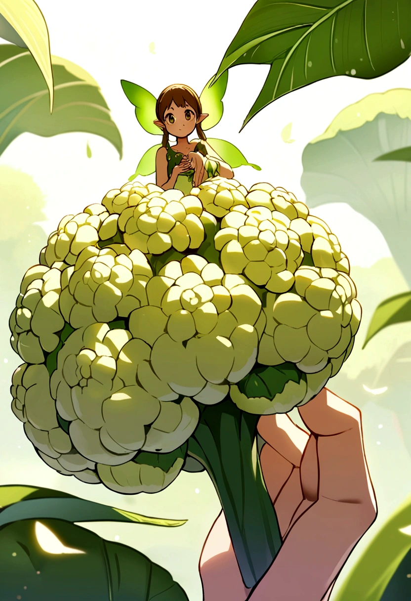 a cute fairy flying over holding one Cauliflower on her hand