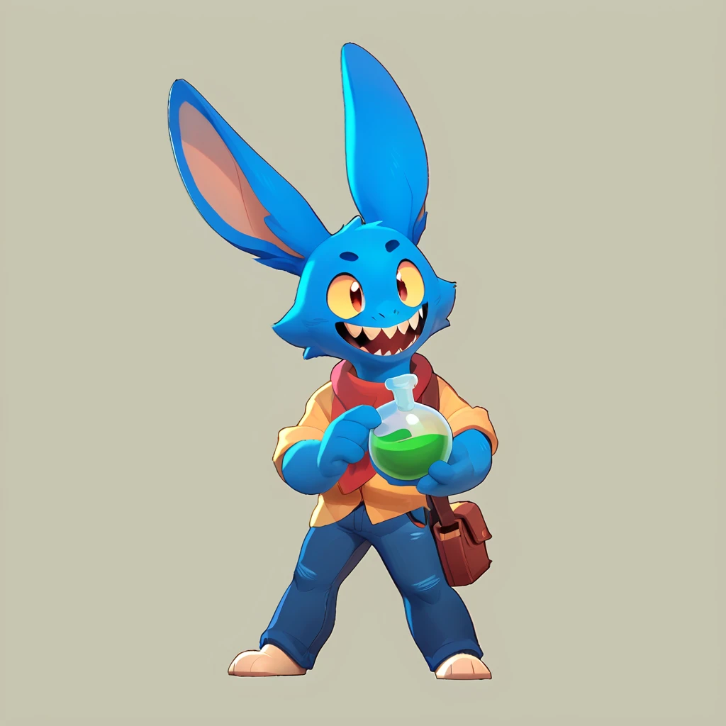 Full body view from a round creature with blue fur, male, long ears, smiling, sharp teeth, wearing jeans, friendly round creature, holding a green potion in his hand