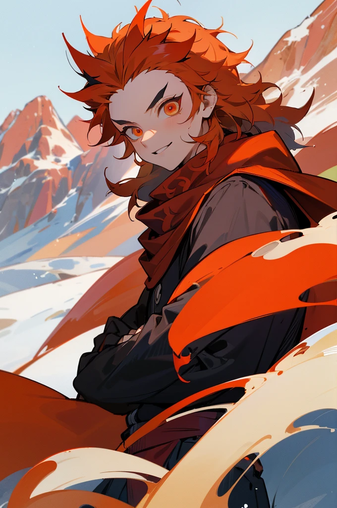 (orange hair, red tatooed arm, long spiky messy hair, red and black demon slayer clothing, red scarf, orange eyes, 1male, snowy mountain background), (best quality, 4k, 8k, highres, masterpiece:1.2), ultra-detailed, HDR, studio lighting, vivid colors, bokeh, portraits, blue color palette, natural daylight, smiling, demon slayer outfit,
