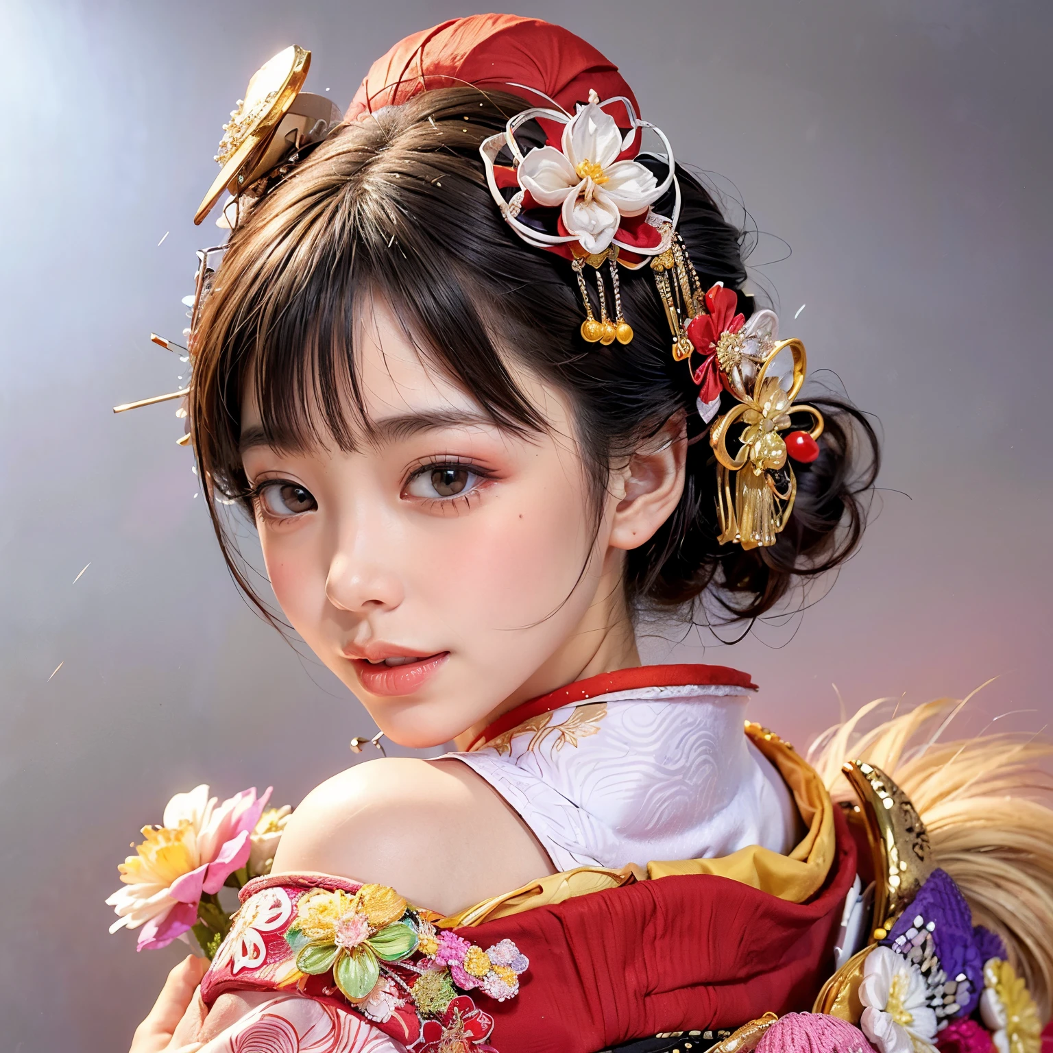 (PUNIPUNI offshoulder KIMONO offshoulder KANZASHI flowers Hairpin Twin bun Oiran-Hair)High-level, 8K Masterpiece TopQuality, Ultra-detailed CG, Absurd detailed wallpaper, PerfectLighting, Extremely detailed (((Personifying " Oiran " as a KAWAII Girl))), Characteristic Items, aesthetic LifeLike Rendering, MysticSight, Haze Tyndall Scattering, (Studio GRAY Background with (Oodles Dazzling Iridescent Particles (bokeh))), (((Assfocus)) RoundlyButt) ThighGap, (Exposed:0.44) 🔞 BREAK (Acutance:0.8), (NOGIZAKA FaceVariations) Extremely Detailed very KAWAII FaceVariations, Childish CaptivatingGaze ElaboratePupils Detailed Eyes with (SparklingHighlights:1.28), (Voluminous LongEyelashes:0.88)、Glossy RedLips with beautiful details, CoquettishTongue, RosyCheeks, Radiant PearlSkin with Transparency, Glowing DowneyHair . { (Dynamic LifeLike expressions:1.4) | (:d) }, (large eyes:-1) .