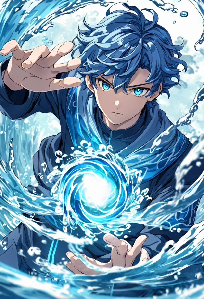 anime model, teenager man with blue short wavy hair, blue colored eyes, water element powers, work of art