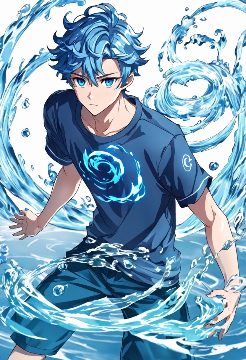 anime model, ager man with blue short wavy hair, blue colored eyes, water element powers, work of art