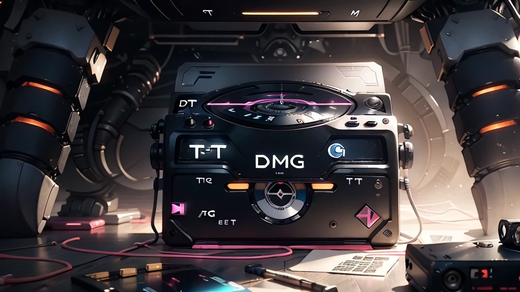 (DTG: 1.8), (DTG letters: 1.8), (Three letters: 1.8), DJ set, Music, cassette, CD Player, Futuristic device for music playing, Music reproducer, Lo-fi, writing, abstract, colorful, high resolution, high quality, neon colors, dark grey background, black grey grdient