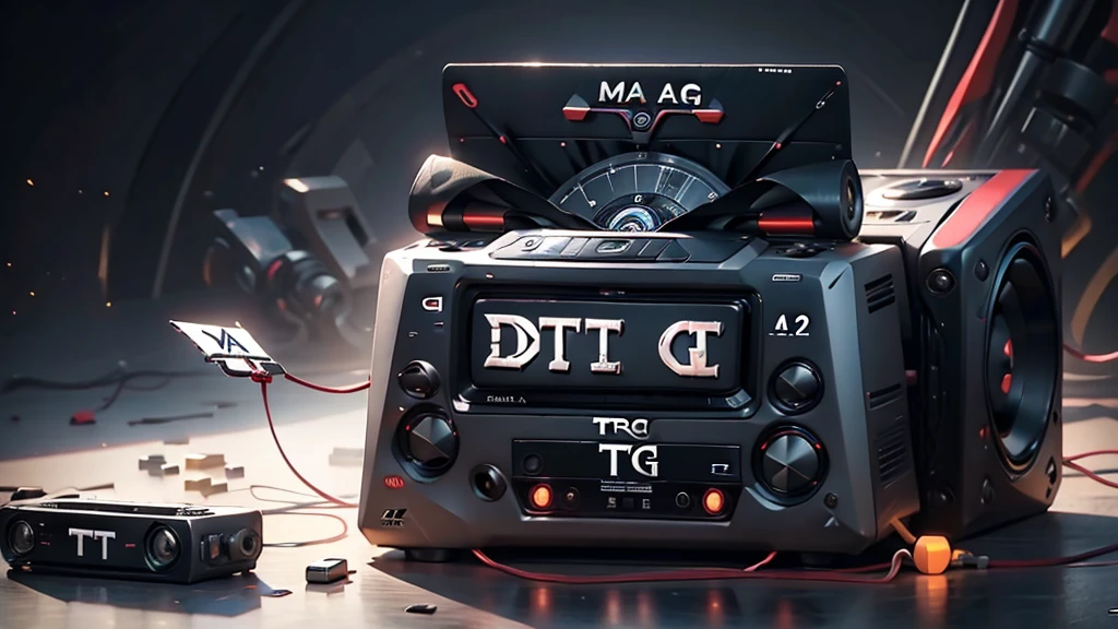 (DTG: 1.8), (DTG letters: 1.8), (Three letters: 1.8), DJ set, Music, cassette, CD Player, Futuristic device for music playing, Music reproducer, Lo-fi, writing, abstract, colorful, high resolution, high quality, neon colors, dark grey background, black grey grdient