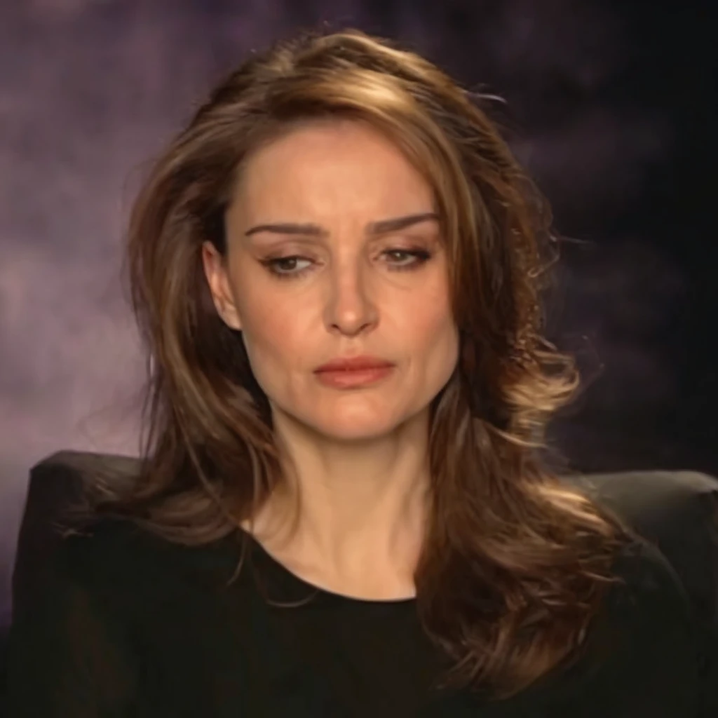 32 year olded European beautiful lady with long brown hair looking down at something, extremely beautiful, 8K, highly detailed, she has an expressionless face