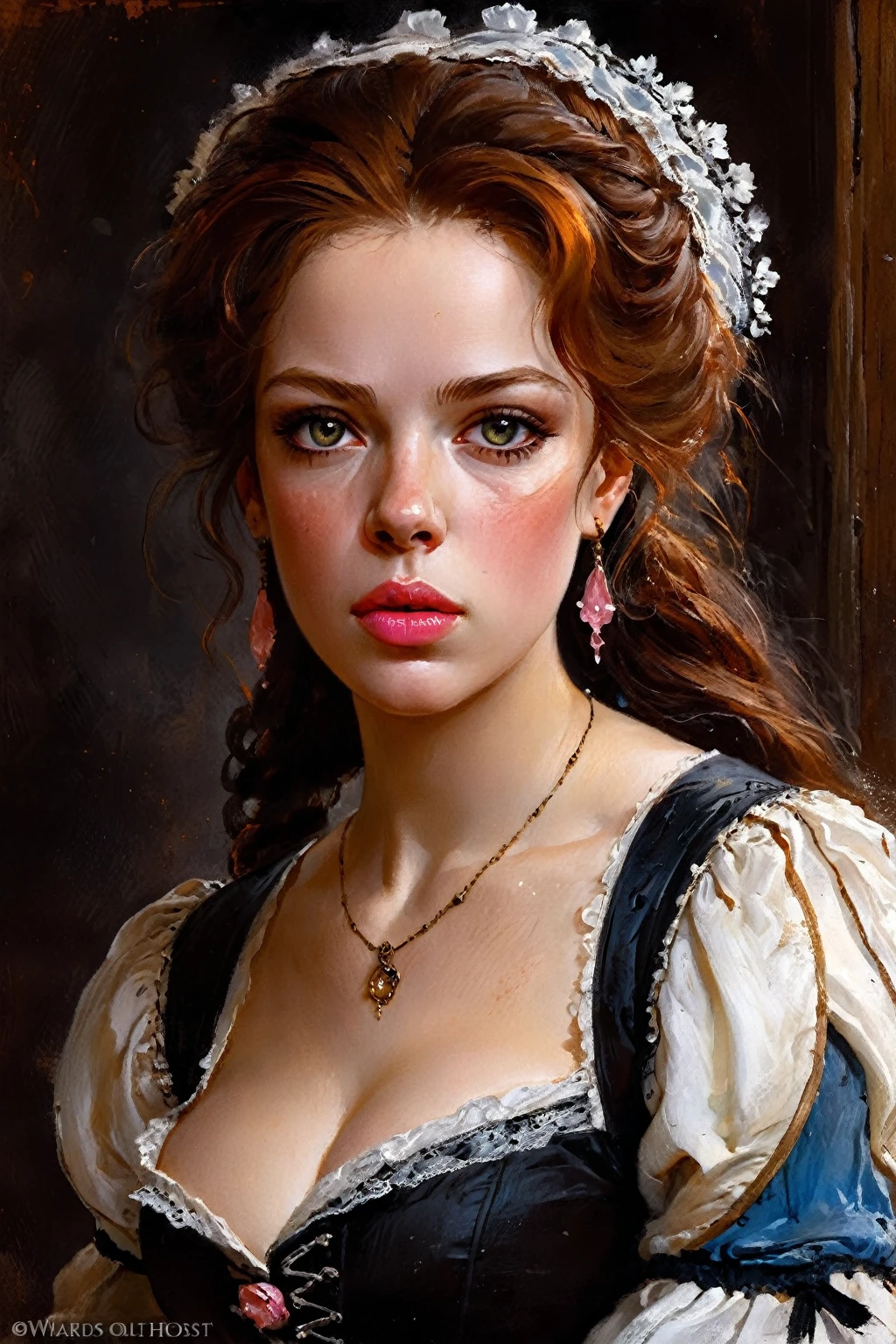 Victorian Hungarian women Women of the 18th century, Dark Ginger hair, Pink lips, Nice features, Wadim Kashin, James Gurney, ink, Splash Art, Amazing beauty, Royo, after sexing, Super detailed splash art modern European oil ink painting, Mid Gorgeous chests, Gorgeous Body, oil painting, very detailed Brigth Hazel eyes, Blush, Greg Rutowski.