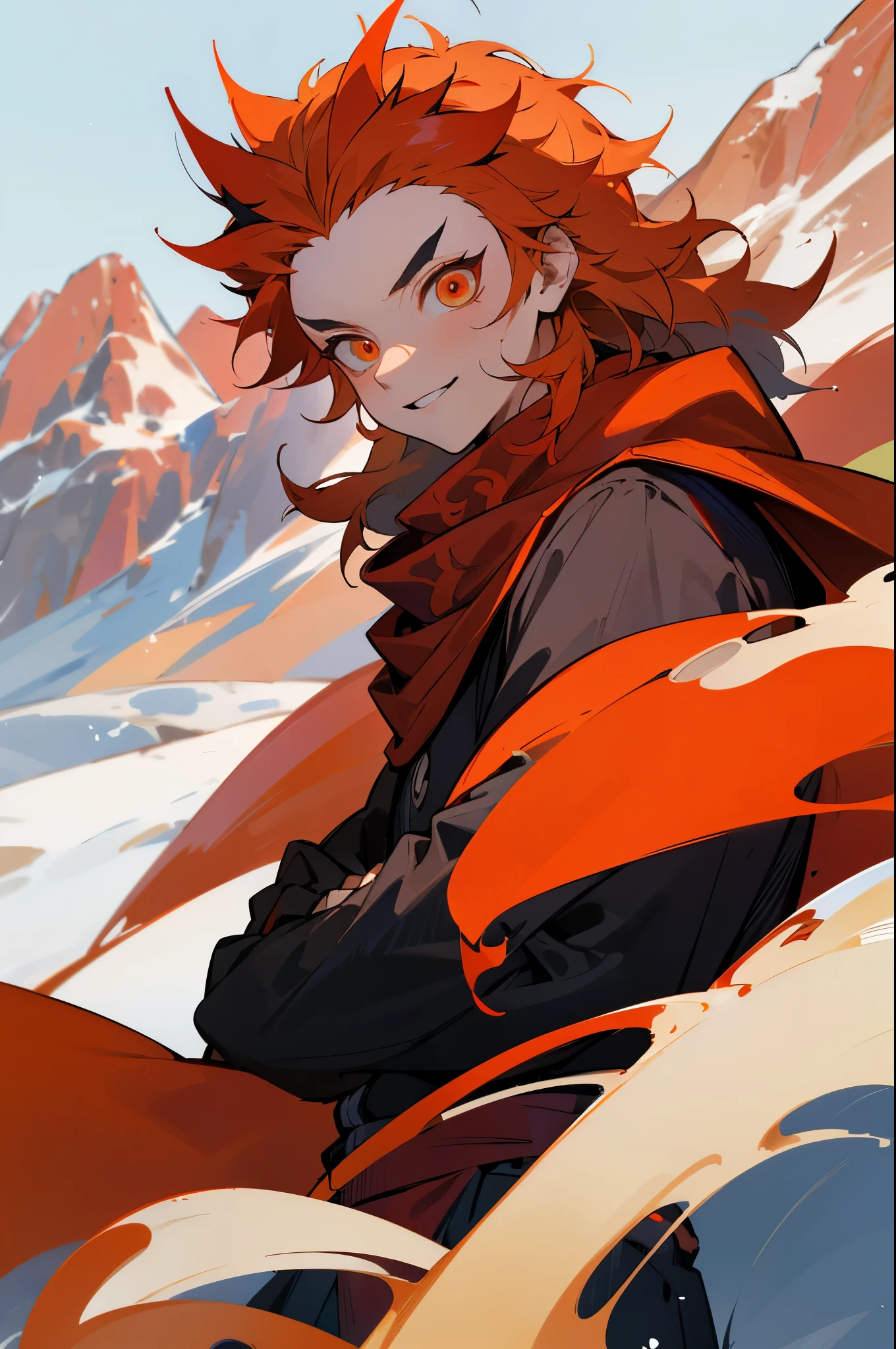 (orange hair, red tatooed arm, long spiky messy hair, red and black demon slayer clothing, red scarf, orange eyes, 1male, snowy mountain background), (best quality, 4k, 8k, highres, masterpiece:1.2), ultra-detailed, HDR, studio lighting, vivid colors, bokeh, portraits, red color palette, natural daylight, smiling, demon slayer outfit, blade on hip, upper body, mature male, muscular, smiling,
