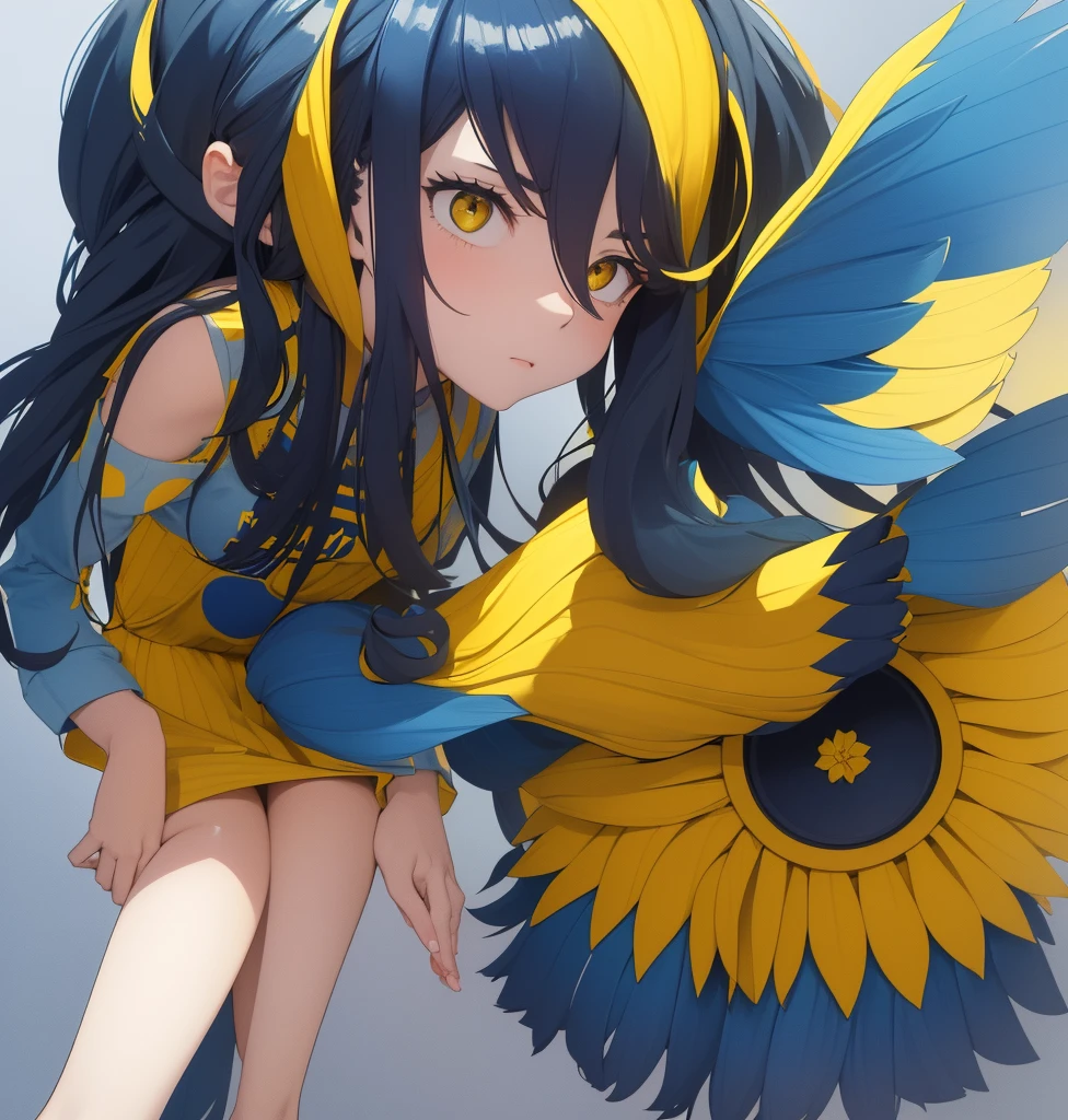 European girl with long blue hair, prominent yellow eyes, yellow clothes with blue, very short blue skirt with yellow horizontal striped pattern, blue and yellow blouse, daring face, two solid color background (blue and yellow) The girl has a yellow flower in her hand which she is smelling., The girl is in front showing the profile of her face smelling the yellow flower, In front you can see black-blue shorts that reach to his knees and are tight and shiny., the girl has a slim build, she is in an empty background, the background only has two colors, grabs a single flower with his hand which he is smelling