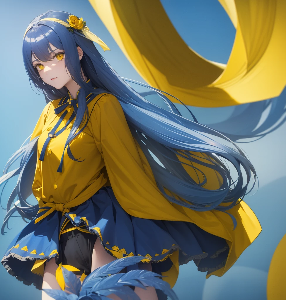 European girl with long blue hair, prominent yellow eyes, yellow clothes with blue, very short blue skirt with yellow horizontal striped pattern, blue and yellow blouse, daring face, two solid color background (blue and yellow) The girl has a yellow flower in her hand which she is smelling., The girl is in front showing the profile of her face smelling the yellow flower, In front you can see black-blue shorts that reach to his knees and are tight and shiny., the girl has a slim build, she is in an empty background, the background only has two colors, grabs a single flower with his hand which he is smelling